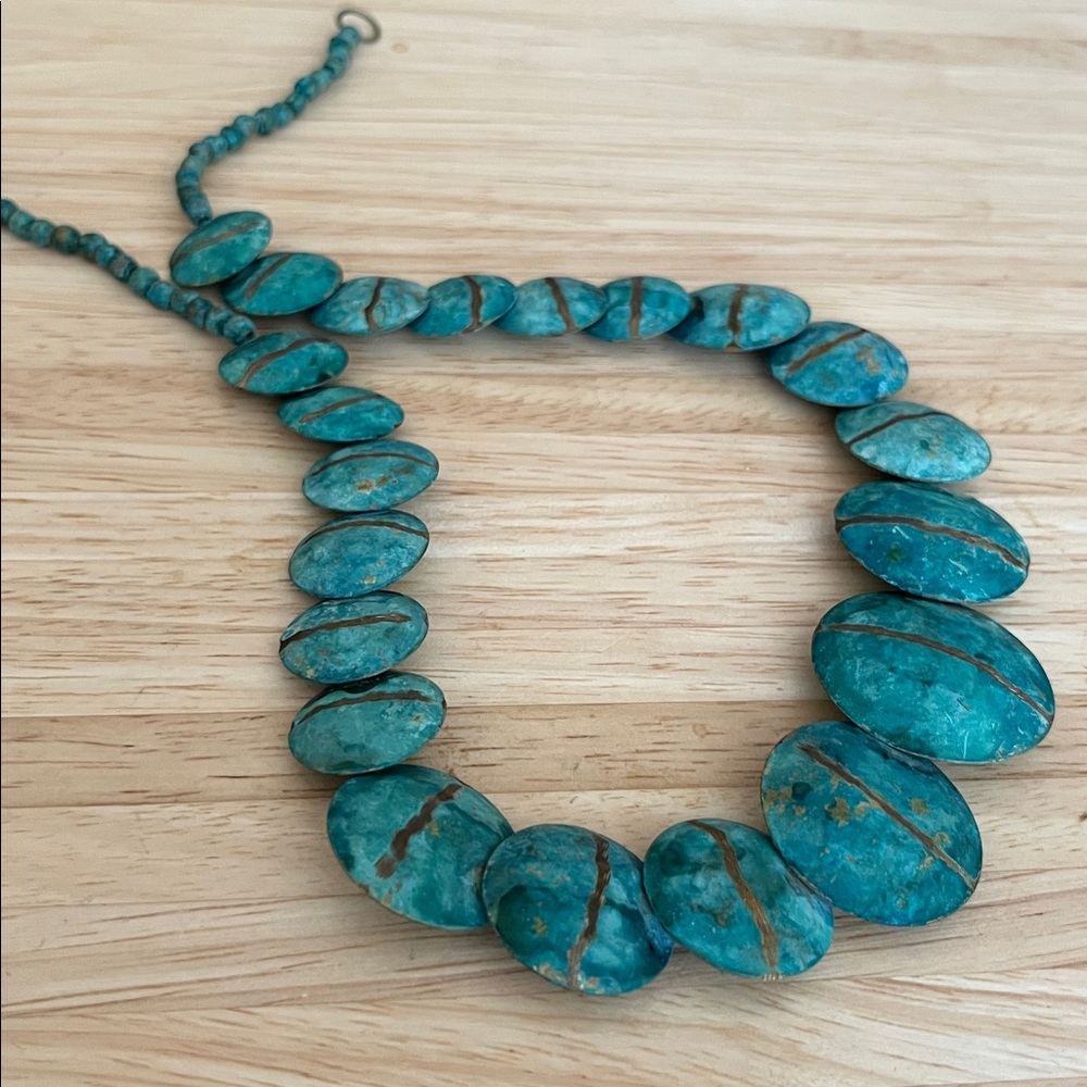 Wonderful artisan oxidized copper disc necklace with etched copper lines